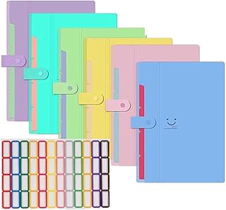 KAHEIGN 6Pcs A4 Expanding File Folders, 5 Pockets File Folder with Snap Closure Letter Size Accordion Document Paper Organizer for Home School Office (with 64Pcs Labels)