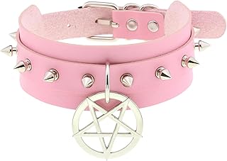 Collar de Pentagrama Colgante de Doble Capa con Remaches de Clavo Puntiagudo de Poliuretano, Color Rosa