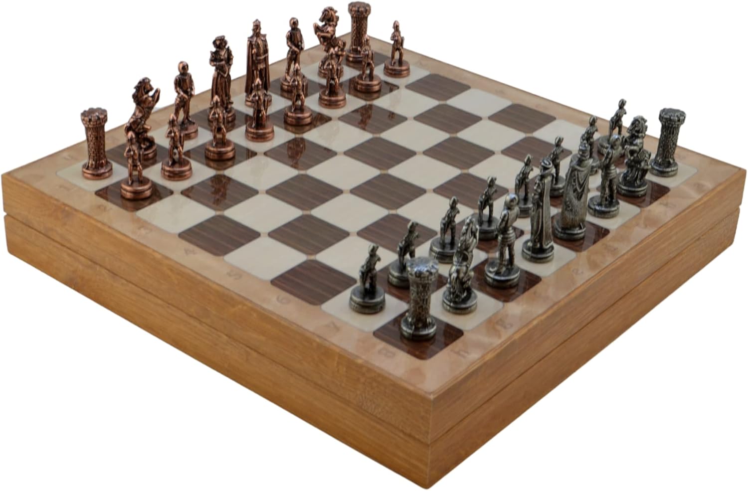 Metal Chess Set for Adults Medieval British Army Antique Copper,Handmade Pieces and Different Design Wooden Chess Board with Storage (Rustic)