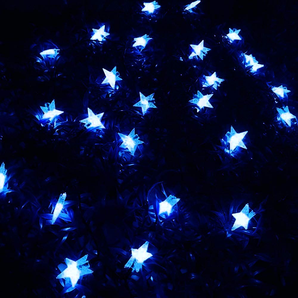 Guirnalda de luces de estrella, 5 m, 50 LED, para interiores, guirnalda de luces parpadeantes con batería (azul)