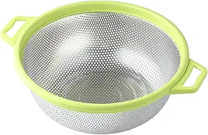 Stainless Steel Colander With Handle and Legs, Large Metal Green Strainer for Pasta, Spaghetti, Berry, Veggies, Fruits, Noodles, Salads, 5-quart 10.5” Kitchen Mesh Colander, Dishwasher Safe