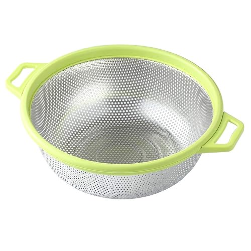 HiramWare Stainless Steel Colander With Handle and Legs, Large Metal Green Strainer for Pasta, Spaghetti, Berry, Veggies, Fruits, Noodles, Salads, 5-quart 10.5” Kitchen Mesh Colander, Dishwasher Safe - Green