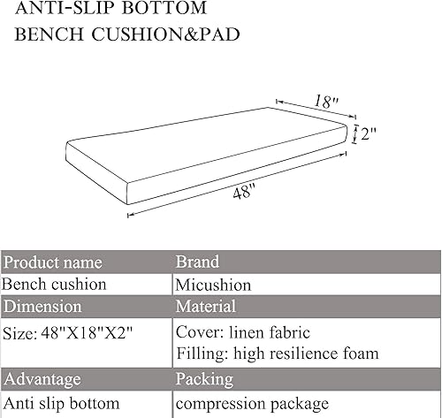 Miniatura 8 de MICUSHION Cojines de banco para muebles de interior, espuma antideslizante, para silla de cocina, comedor, cojín de asiento con cremallera de 44 x