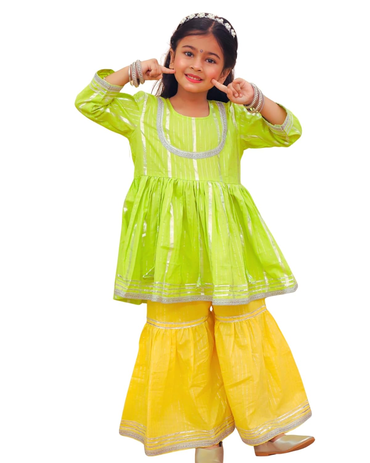 Ethnic Wear for Girls Peplum Kurti Sharara Set | Lurex Cotton Fabric Peplum Top with 3/4 Sleeves & Sharara Bottom | Gotta Lace Detailing for Weddings Festivals Ethnic Wear for Girls Peplum Kurti Sharara Set | Lurex Cotton Fabric Peplum Top with 3/4 Sleeves & Sharara Bottom | Gotta Lace Detailing for Weddings Festivals