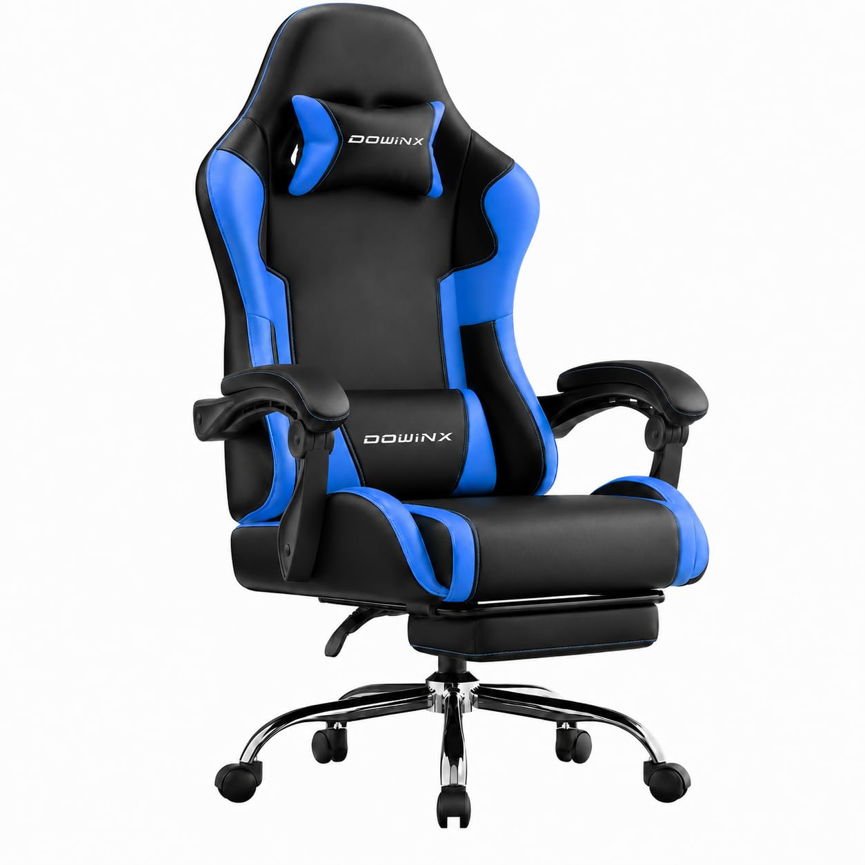 Dowinx Fotel gamingowy, ergonomiczne krzesło dla graczy z podnóżkiem, krzesło biurowe do biura i biura domowego, oparcie regulowane do 150°, obciążenie do 180 kg, niebieskie