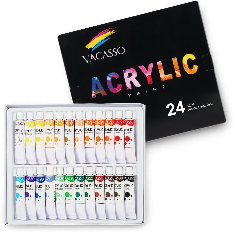 Acrylic Paint Set 24 Colors by VACASSO, Vibrant Paint for Canvas, Wood, Clay, Fabric, Ceramic & Crafts Painting. Versatility Paint Kit for Kids, Adults & Professional Artist