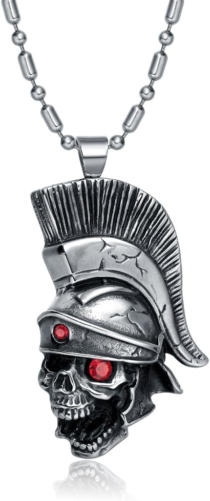 Mens Gothic Knight Helmet Skull Pendant Red Cz Eyes Stainless Steel Necklace