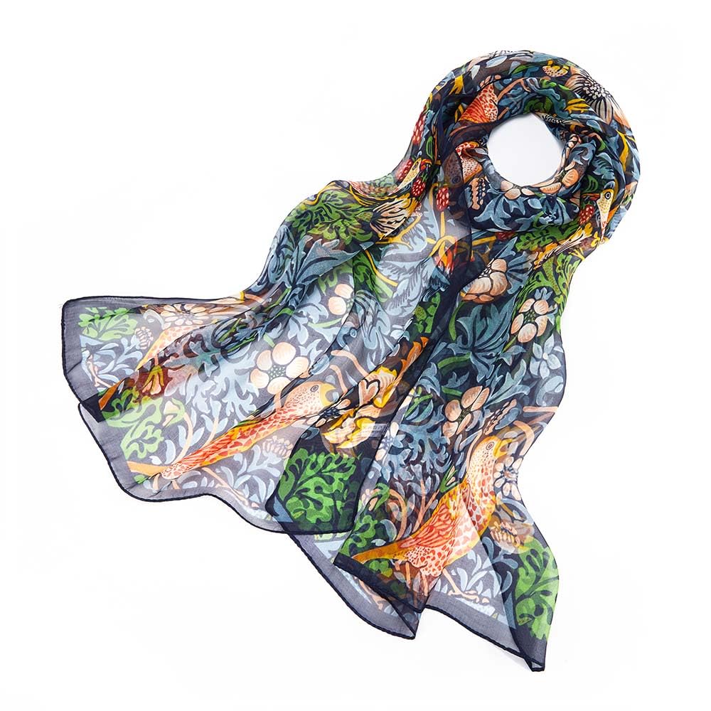 Signare Women's Strawberry Thief Blue 100% Silk Lightweight And Soft Scarf/Headwear With William Morris Design (Strawberry Thief Blue)
