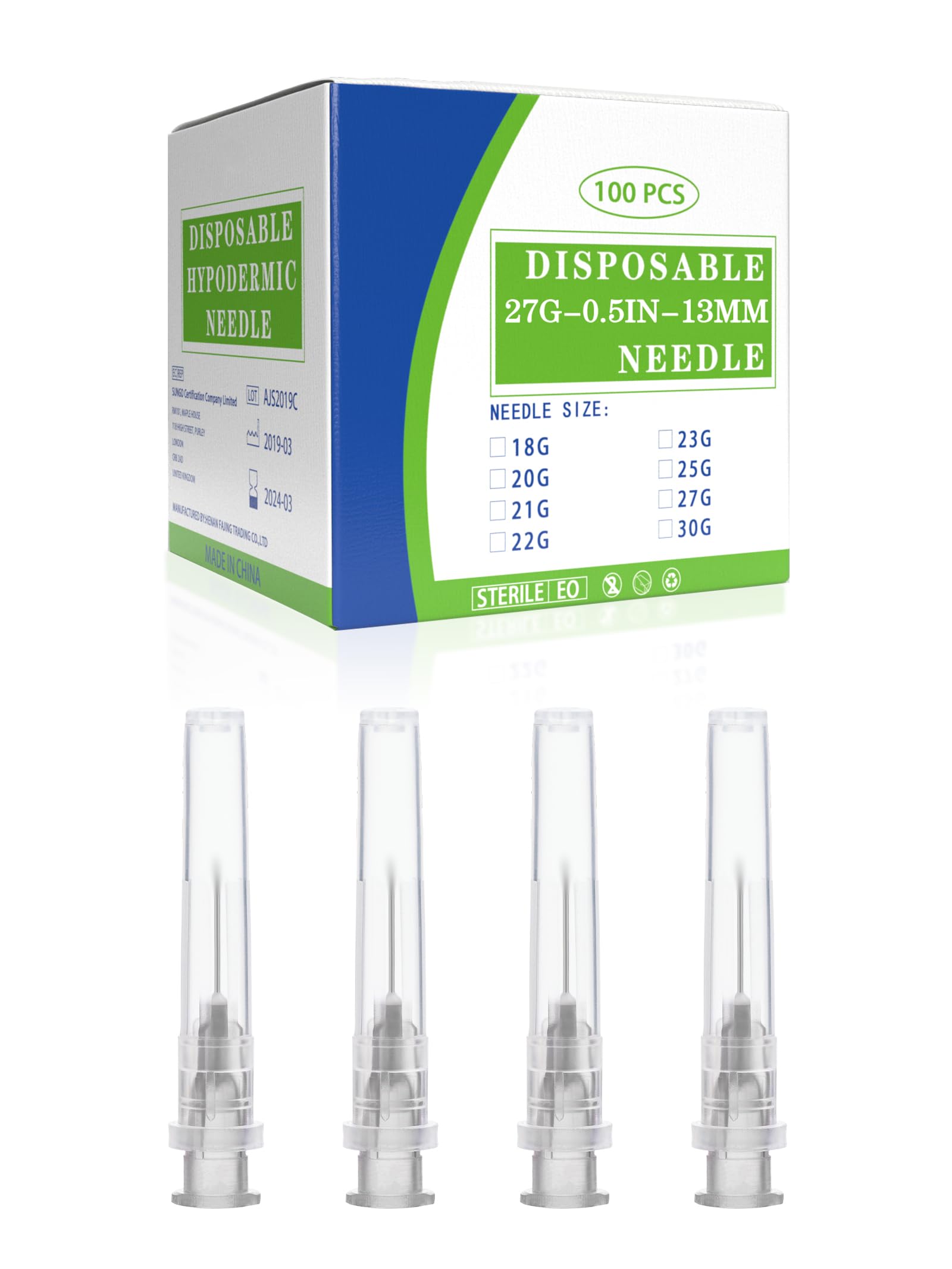 27 Gauge Needles 1/2 Inch 13mm Disposable Luer Lock Accessories, Box of 100