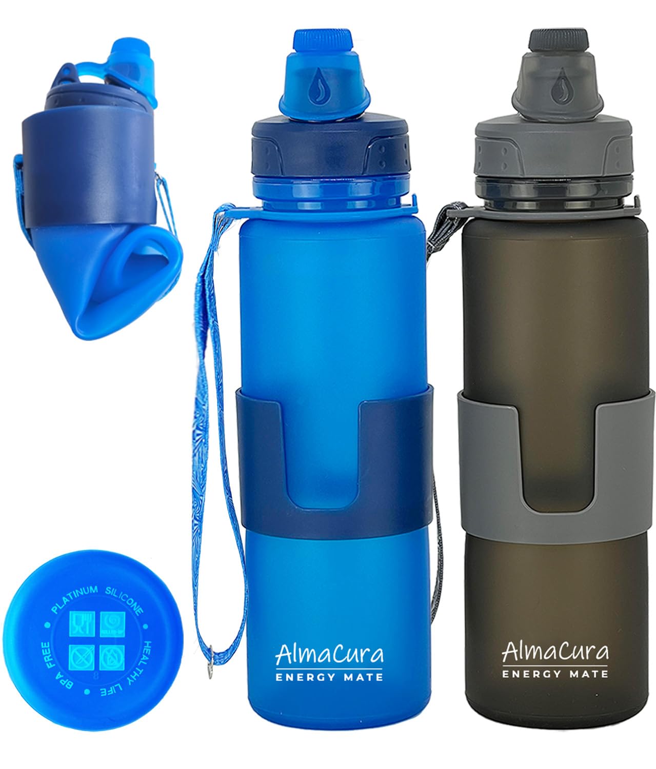 Almacura 2 Pack Travel Water Bottles TSA Approved Reusable Collapse Traveling Collapsible Silicone Foldable BPA-Free, Steady 22 oz, Portable, Hiking, Durable, Leak Proof Twist Cap (Gray+Blue)