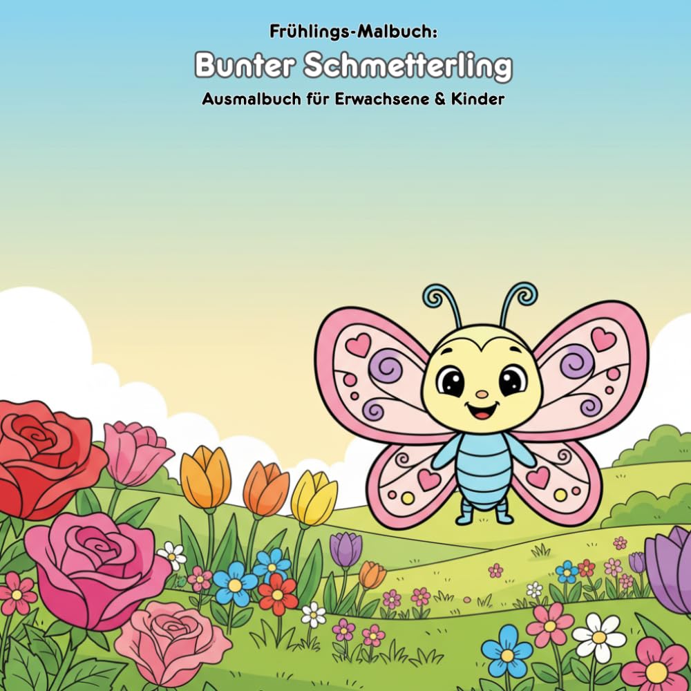 Bunter Schmetterling: Geschichte & Malbuch: Für Erwachsene & Kinder | 36 Ausmalbilder | 21.59 x 21.59 cm | Schmetterlingsgeschichte & Blütenpracht