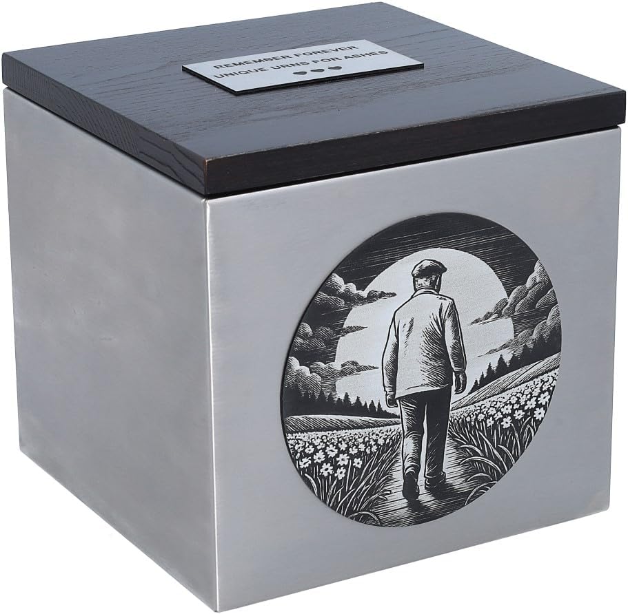 Funeral Urn for Grandfather – Cremation Urn with Elderly Man Design – Stainless Steel Memorial Box with Custom Engraved Plaque for Grandpa (Memorial Plaque Yes)