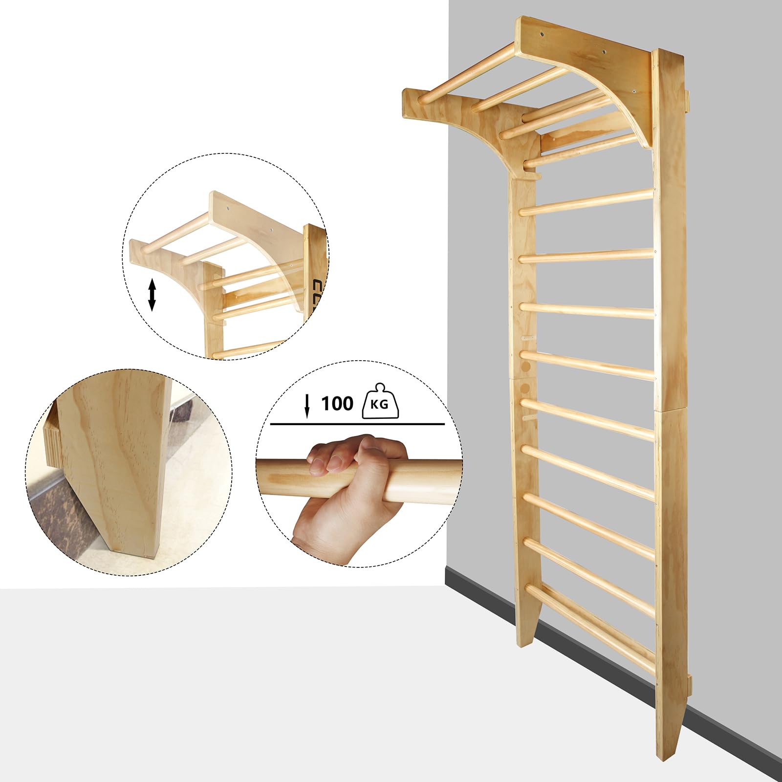 CCLIFE Sprossenwand Kletterwand Turnwand höhenverstellbare Klimmzugstange Klettergerüst Holz Kinder Indoor Erwachsener ZERRO