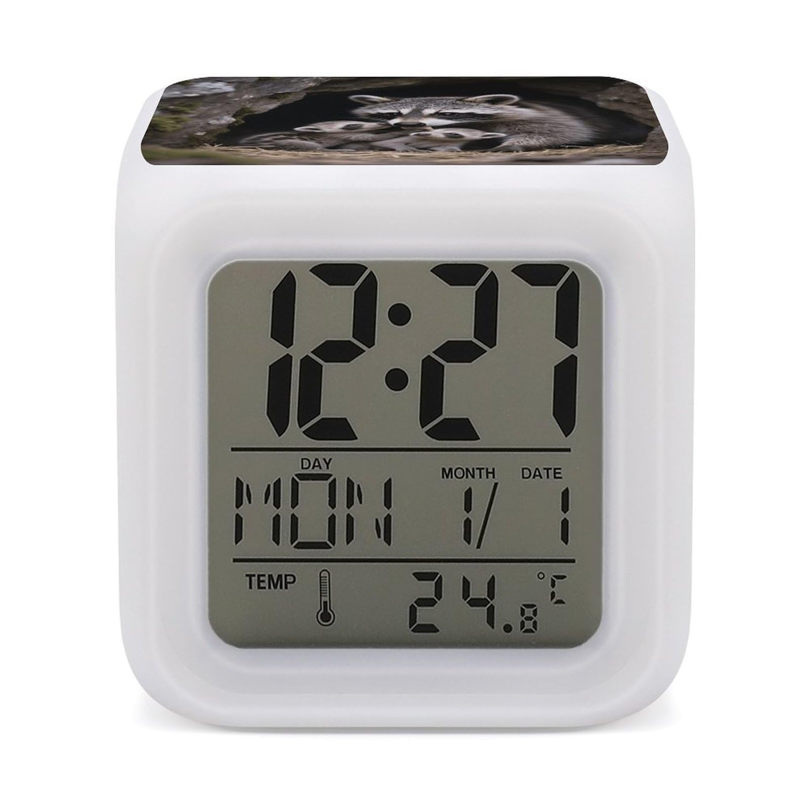 FodPand 7 Color Ambient Night Light Cube Battery Operated Raccoons Digital Clock with Snooze Temperature LED Digital Alarm Clocks Dimmable Wake Up Light Portable Mood Lamp for Bedroom Desk Gift