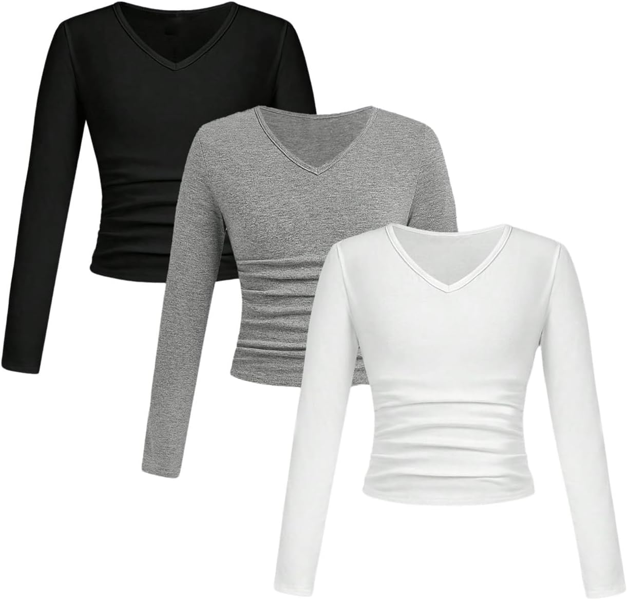 SOLY HUX 3 Pack Girl's Long Sleeve Shirts V Neck Basic T-Shirts Ruched Tops Spring Fall Layering Tees 8-12 Years