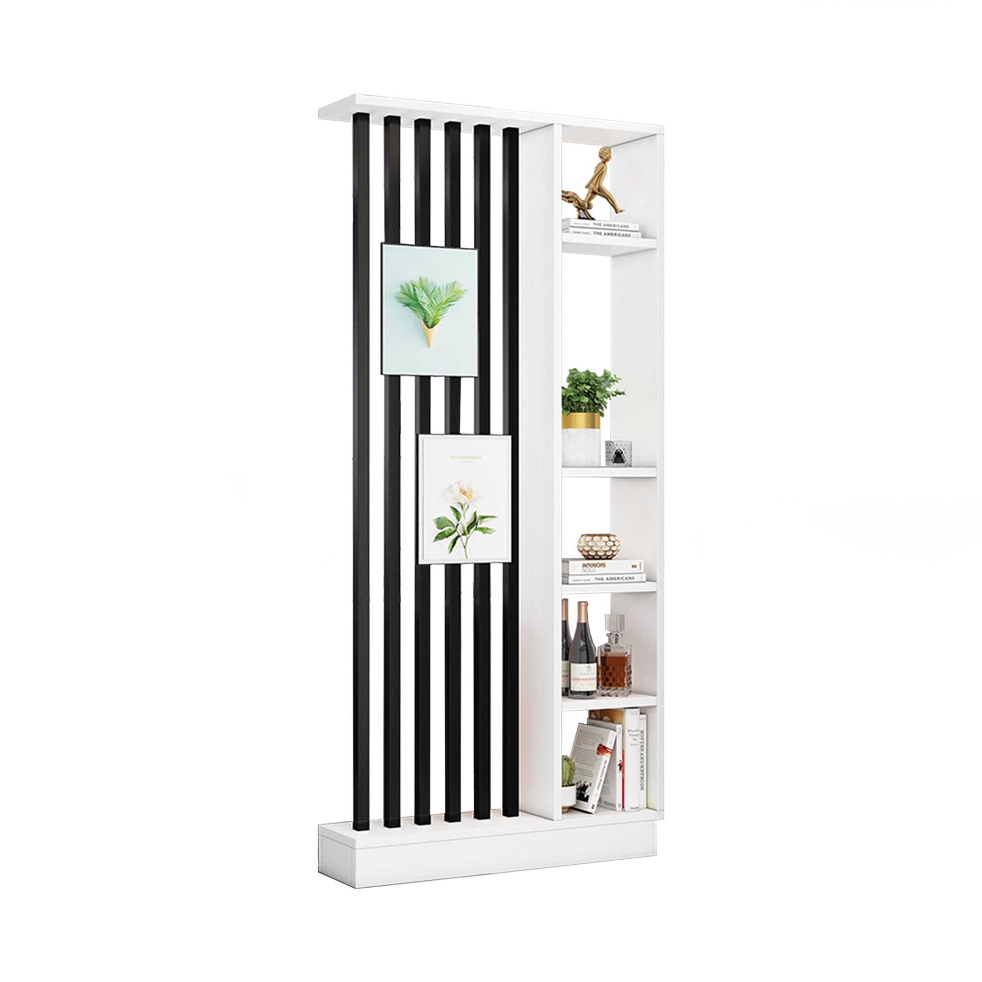 Floor to Ceiling Room Divider with Storage Compartments Wood Partition Screen Column Freestanding Space Divider Shelf for Living Room, Bedroom, Office, Entrance Hall(White,L:90cm/35.4in)