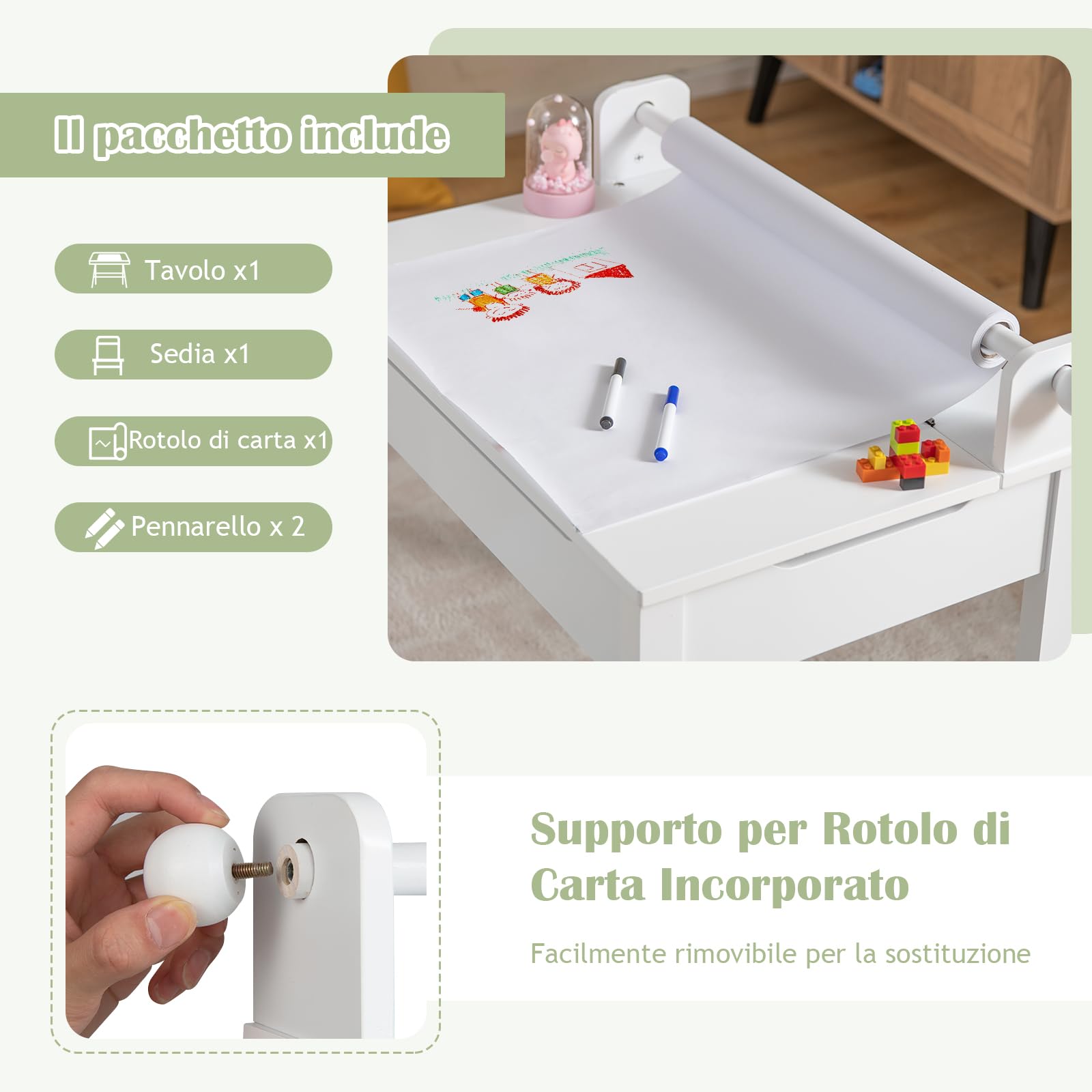 RELAX4LIFE Tavolo e Sedia D'arte per Bambini 3+ Anni con Piano Pieghevole, Scrivania e Sedia in Legno per Bambini 60 x 40 x 58 cm con Rotolo di Carta e Pennarel (Bianco)