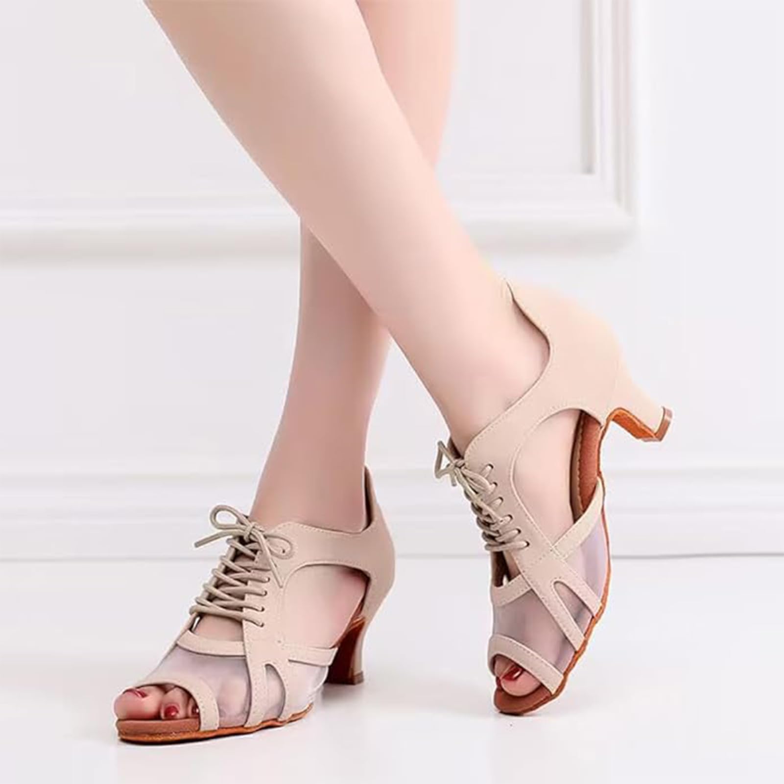 Rosefinch Damskie buty do tańca latynoskiego Salsa Tango Open Toe Practice Performance Dancing Shoes 5/7 cm obcas, Beżowy obcas 5 cm, 36 EU