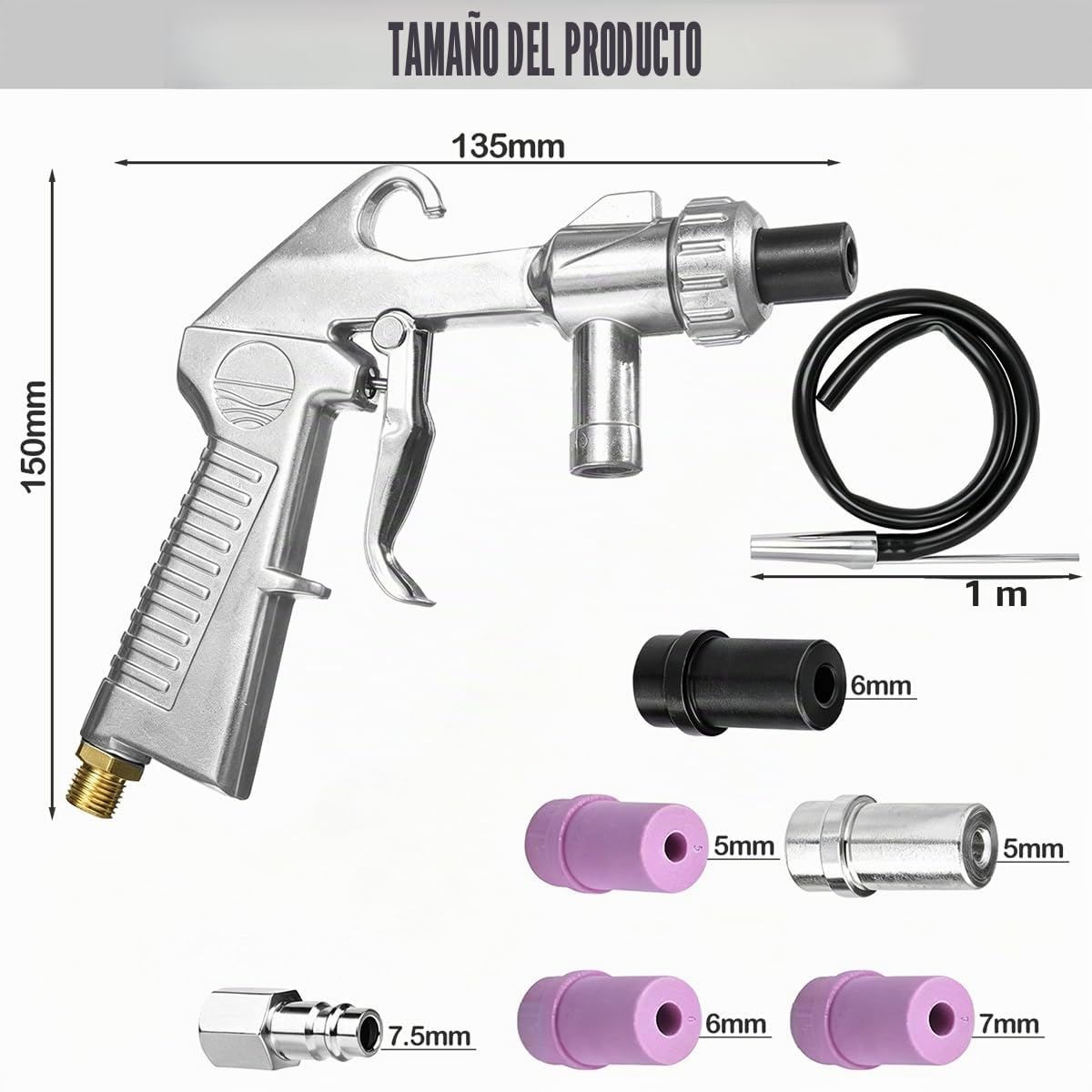 Juego de Pistola de Chorro de Arena con Manguera de Goma de 1M con Boquillas de Diferentes Calibres, Boquilla de Conexión de Aire para Chorro de Arena