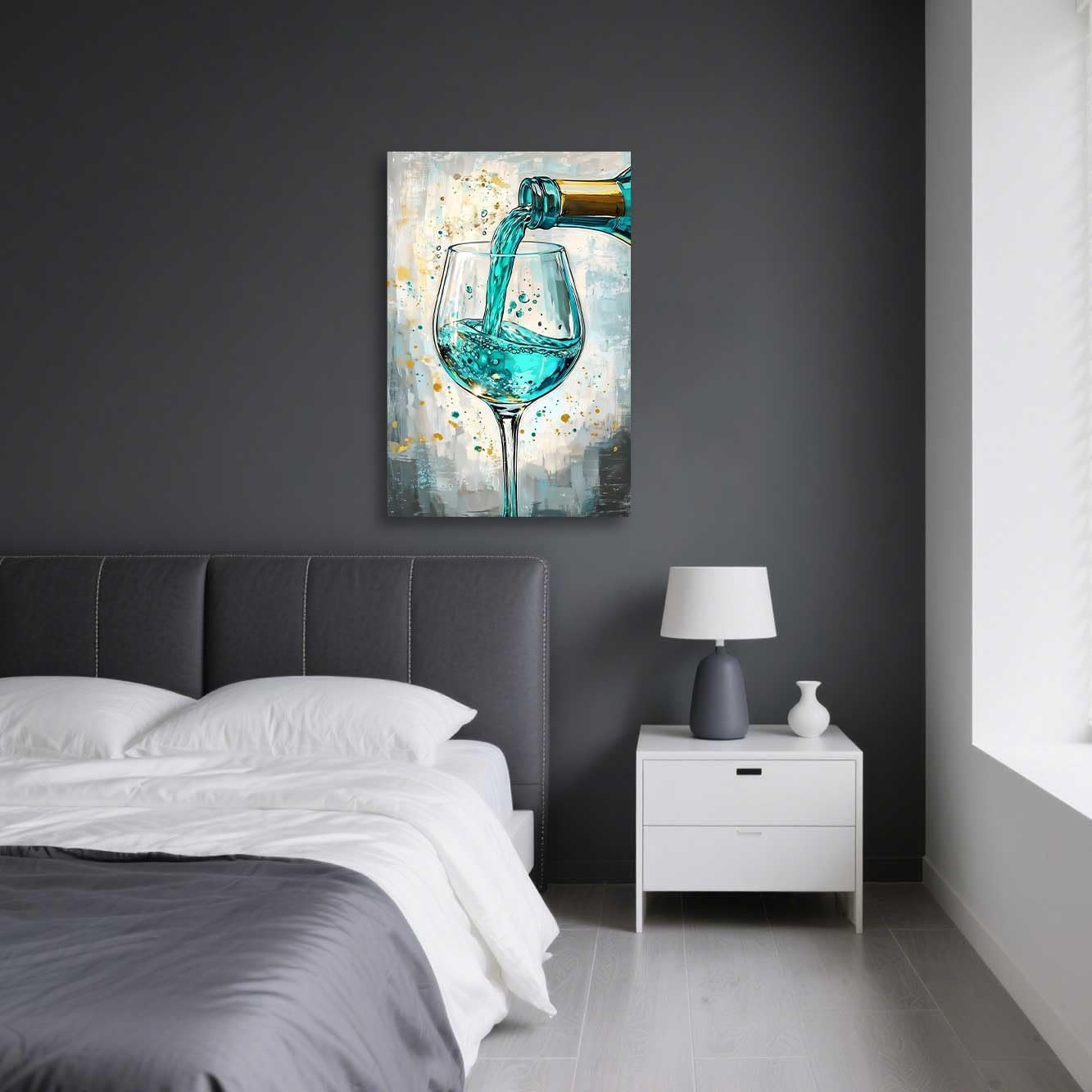 ZSHARTSWD Wine Glass Canvas Wall Art Abstract Red Wine Cup Pictures Modern Kitchen Paintings Black and White Poster Prints for Dining Room Bar Decor Framed (Teal, 18L x 12W)