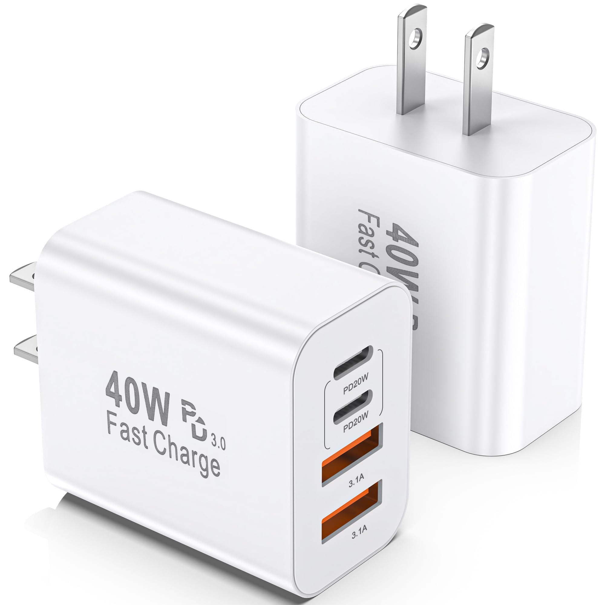 USB C Charger Block 2 Pack 40W 4-Port iPhone Charger Fast Charging Multiport PD 3 0 QC 4