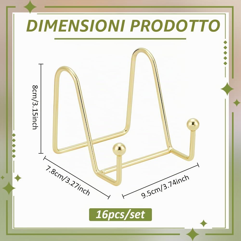 Set di 16 supporti per pannelli dorati, supporto per cornici in ferro, supporto decorativo per foto, piatti, targhe, cucina, ufficio, stanza, tavolo, 9,5 x 8 x 7,8 cm