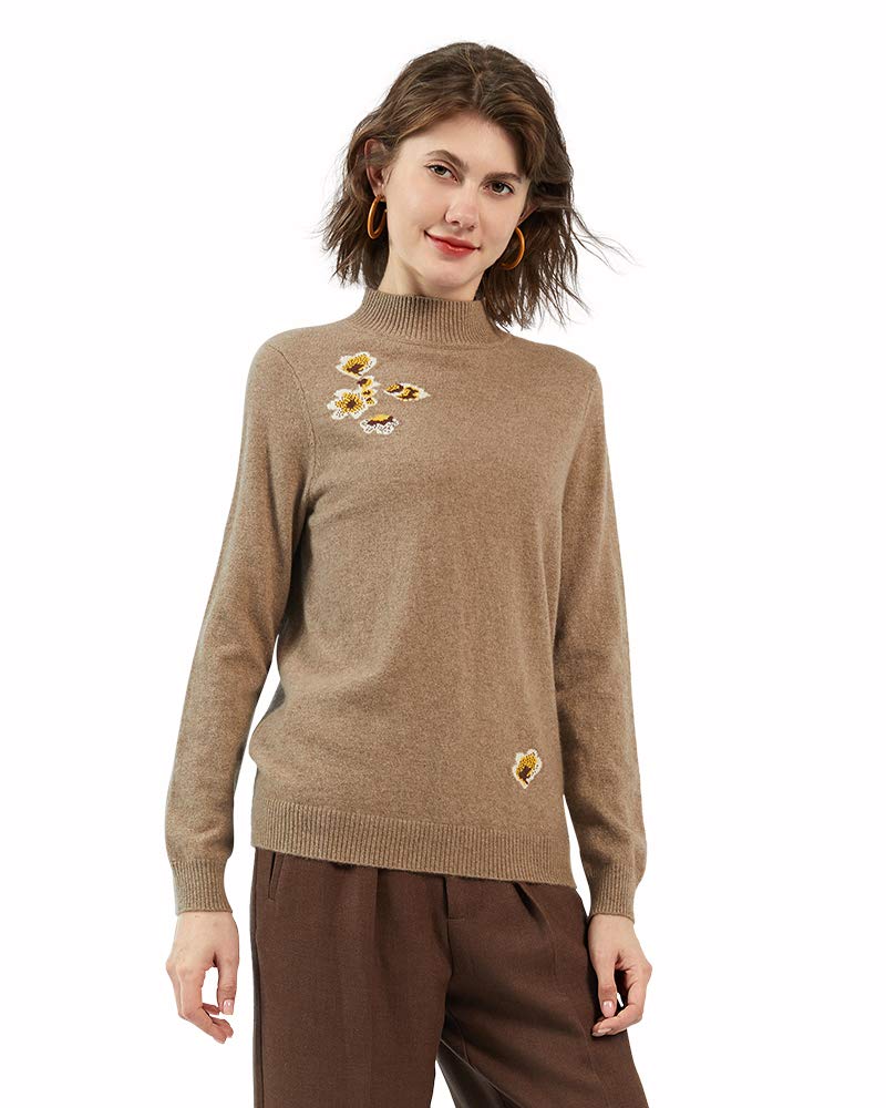 ZHILI - Maglione a maniche lunghe da donna, 100% puro cashmere, con collo alto, ricamato, lavorato a maglia