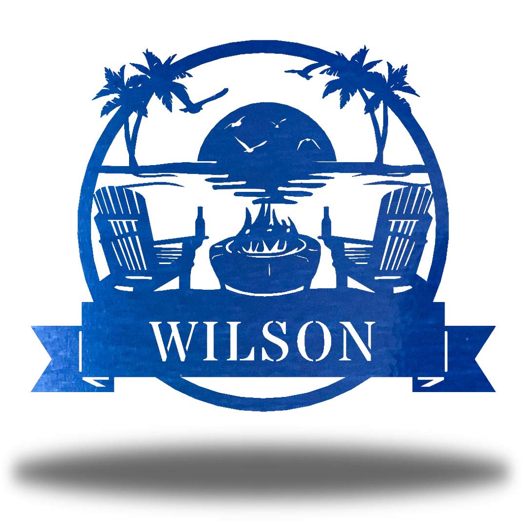 Riverside Designs Coastal Beach Scene Custom Monogram Ocean Metal Art Steel Wall Decor Sign | Heavy-Duty and Waterproof | Made in USA (Blue, 18" L x