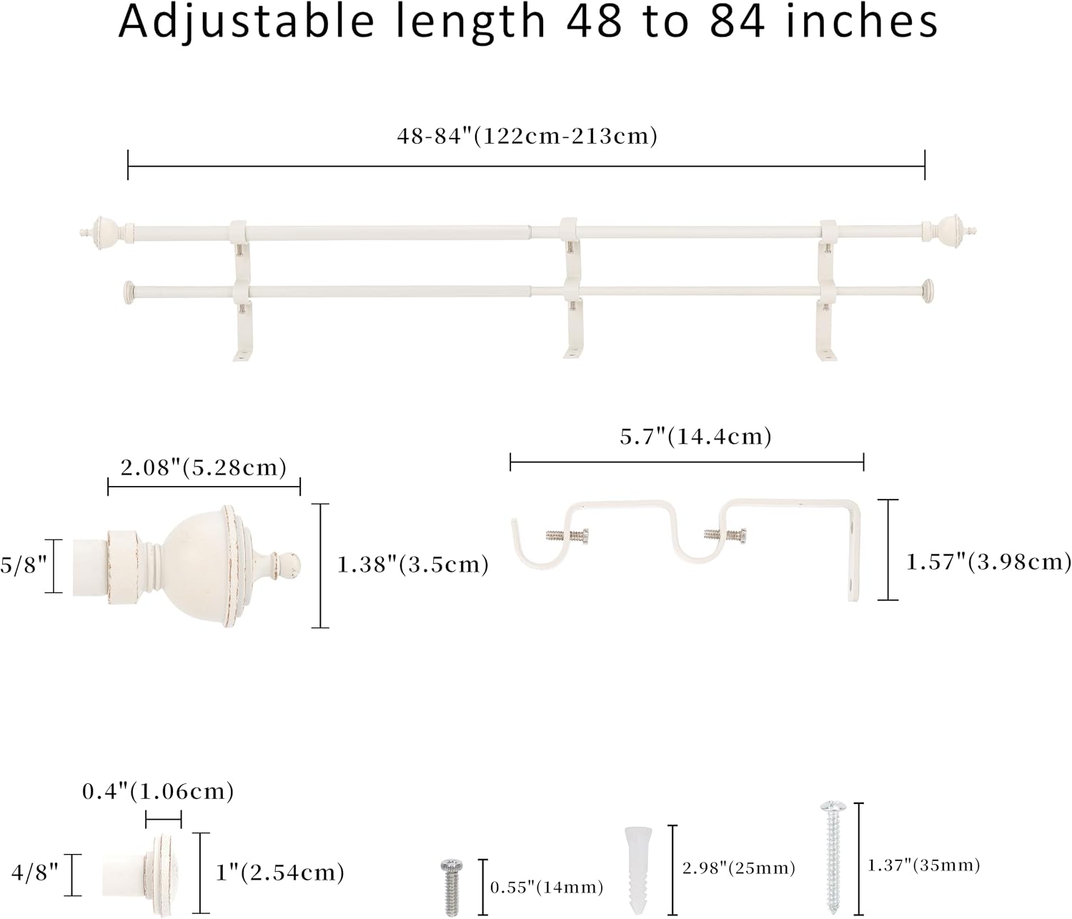 5/8" Double Curtain Rod with Royale Finials,Weathered White,48‘’-84‘’