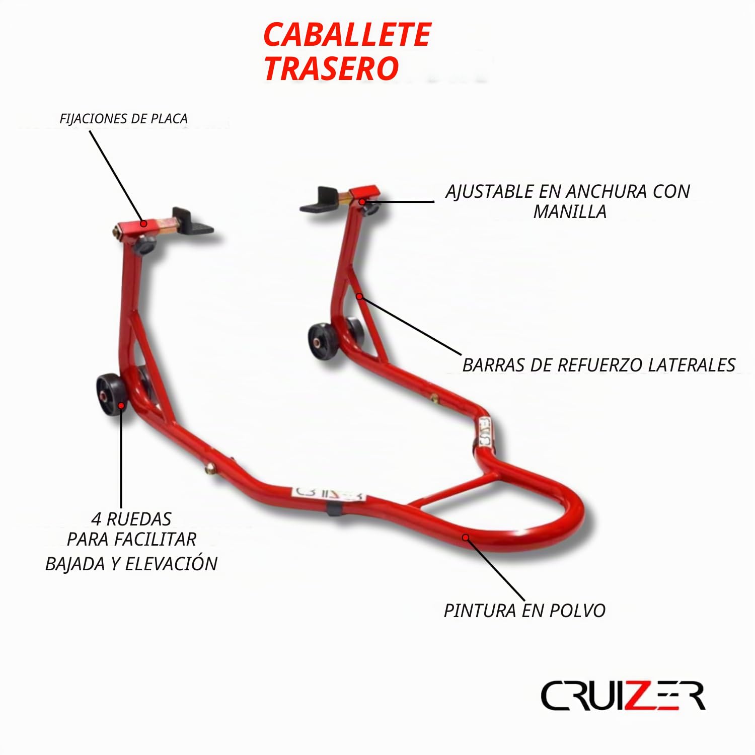 CRUIZER Caballete delantero para moto con enganches de conos + caballete trasero con placas ajustables con ruedas subyacentes, barras y refuerzos laterales. Carga máxima de 600 kg