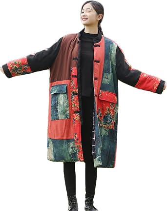 Womens Thick Cotton Quilted Trench Coat Floral Print Long Jacket Chinese Style Patchwork Outwear