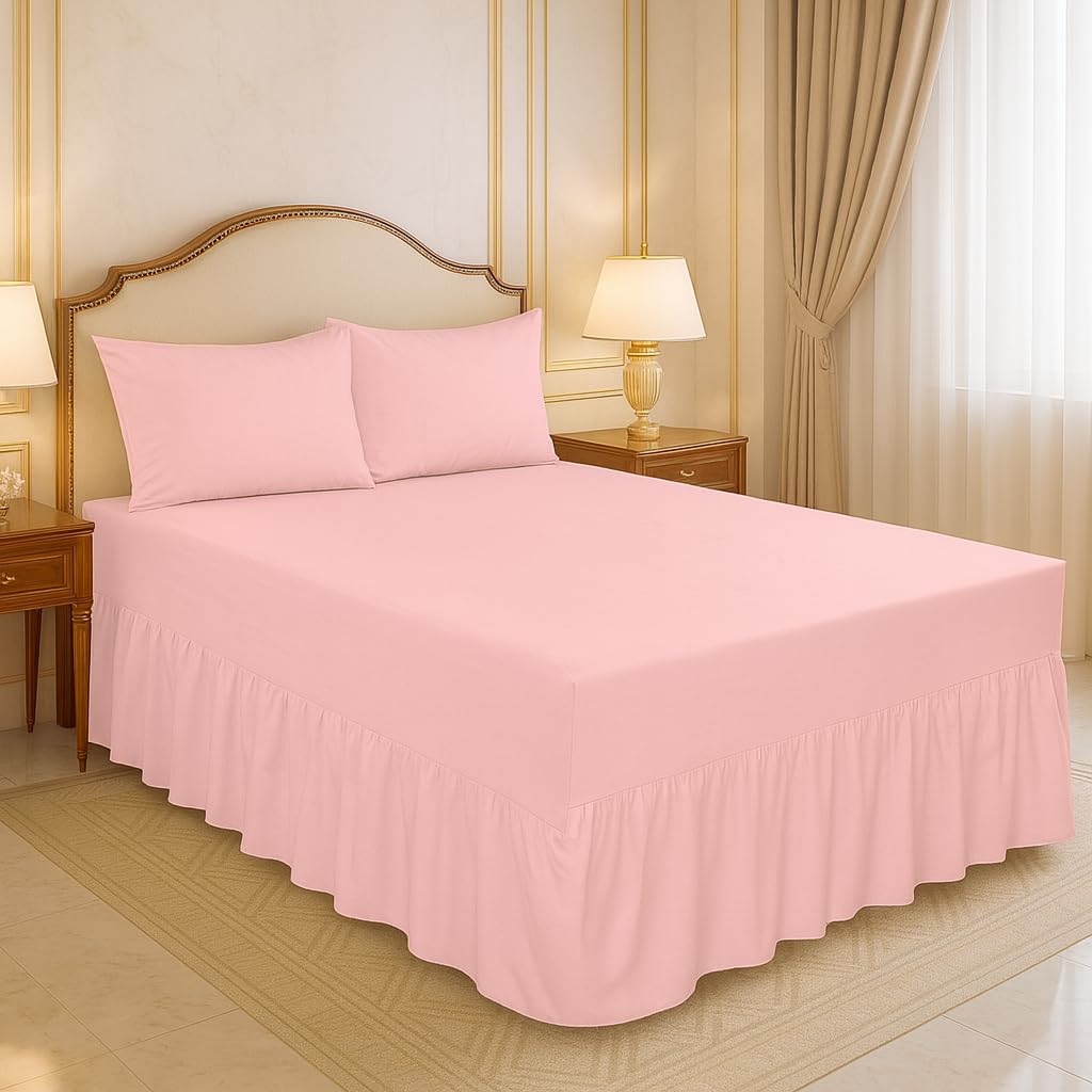 Arlinens Pink Frilled Valance Sheets For Super King Bed Extra Deep Plain Dyed Polycotton Sheet (,180 X 200 + 39Cm)