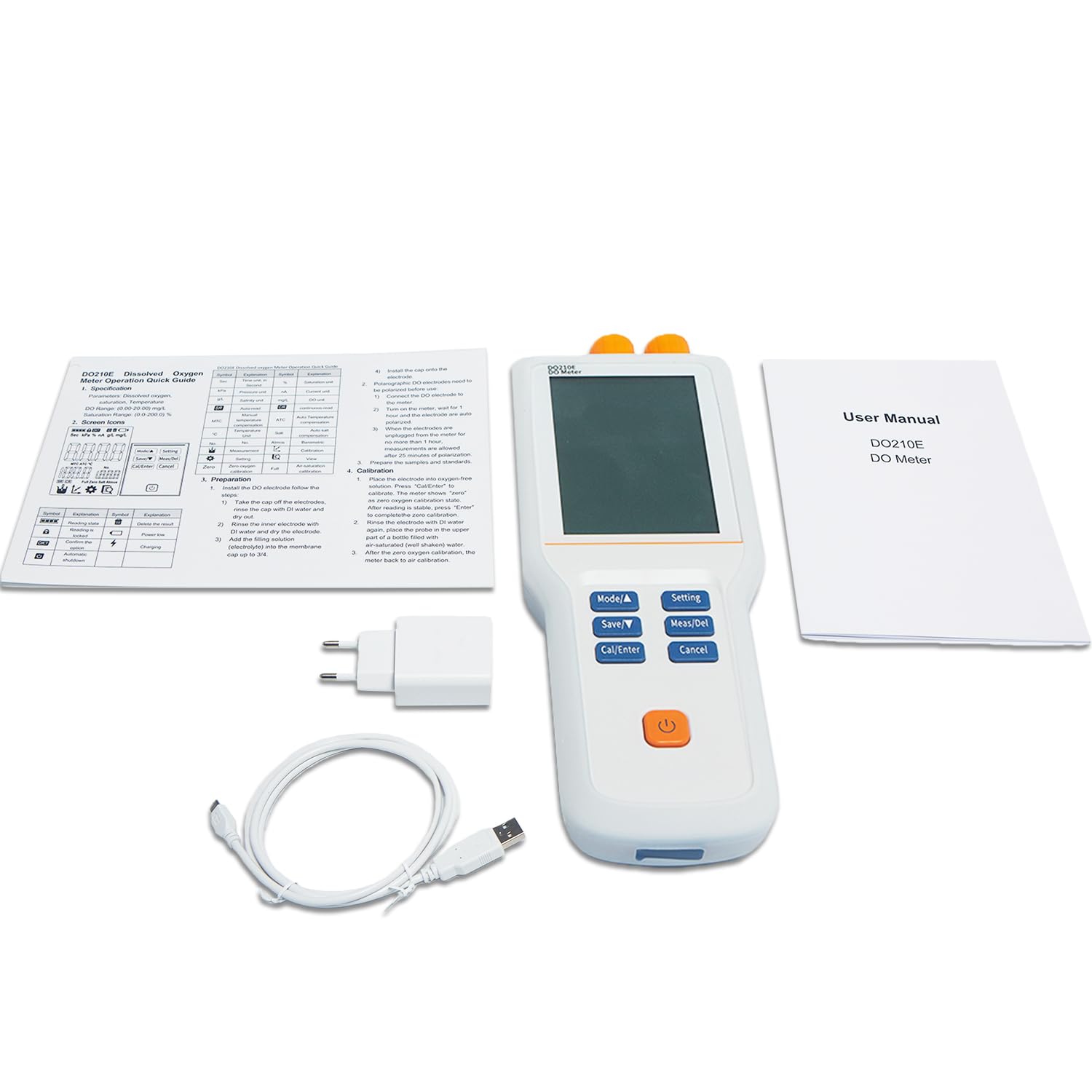 DO210E Portable Dissolved Oxygen Meter with ATC, 0.00–20.00 mg/L, 0.01 mg/L Resolution, ±1.5% FS Accuracy, Auto-Hold, IP65, 3.5″ LCD