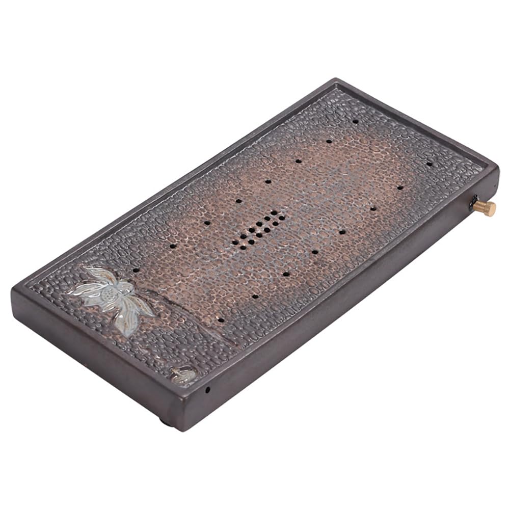 PA-DABAOO Retro Ceramic Tea Tray with Lotus Pattern,Tea Serving Tray with Draining Board for Dry-Brewing/Wet-Brewing Method,Chinese Gongfu Trays for Teapot Coffee Serving Table,Brown