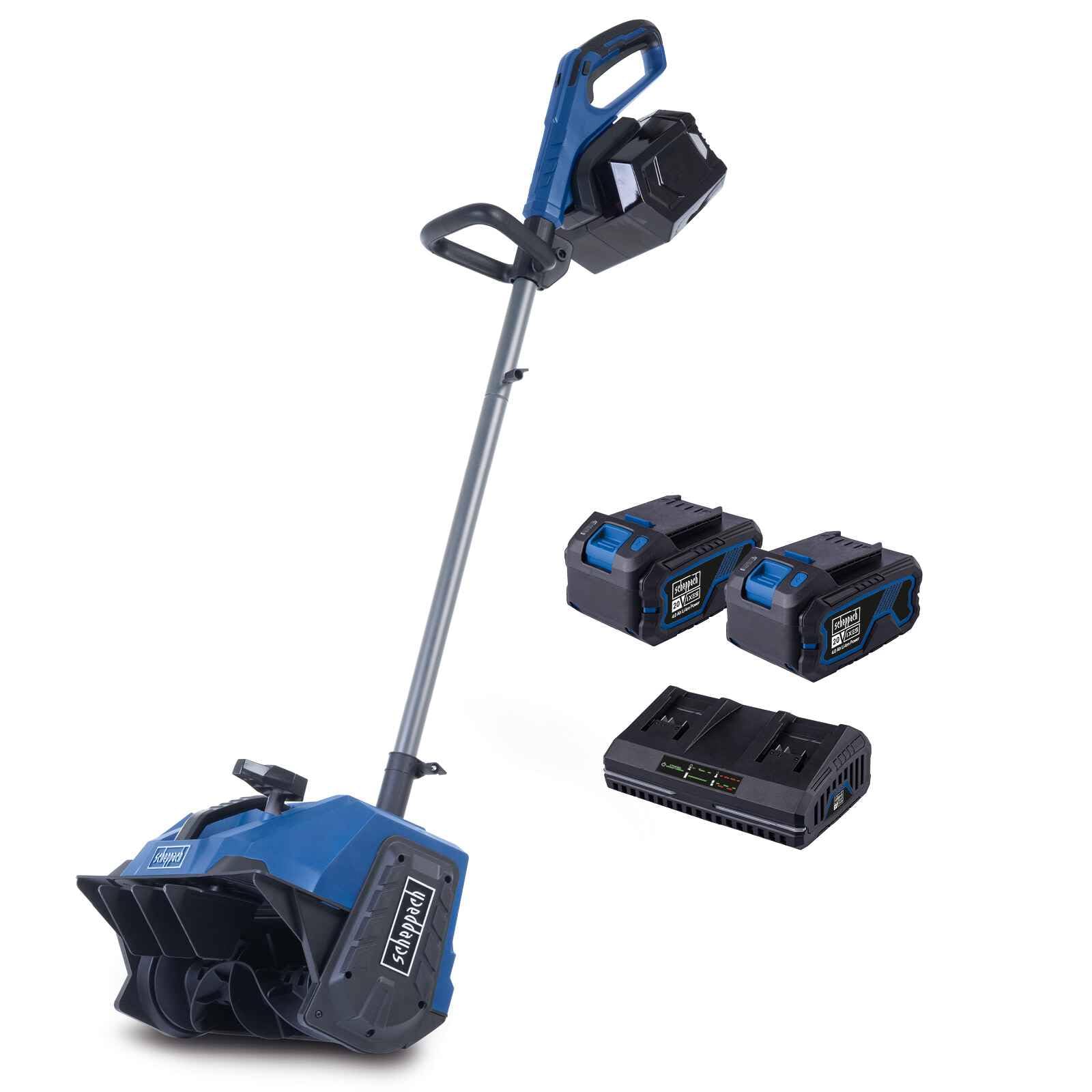 Scheppach Akku Schneefräse BC-SNB410-X Schneeräumer | 40cm Arbeitsbreite | 20cm Schneehöhe | variable Auswurfrichtung | 20V-IXES-Serie | 10 Jahre Garantie | mit 2x4Ah Akku & fastcharge Doppelladegerät
