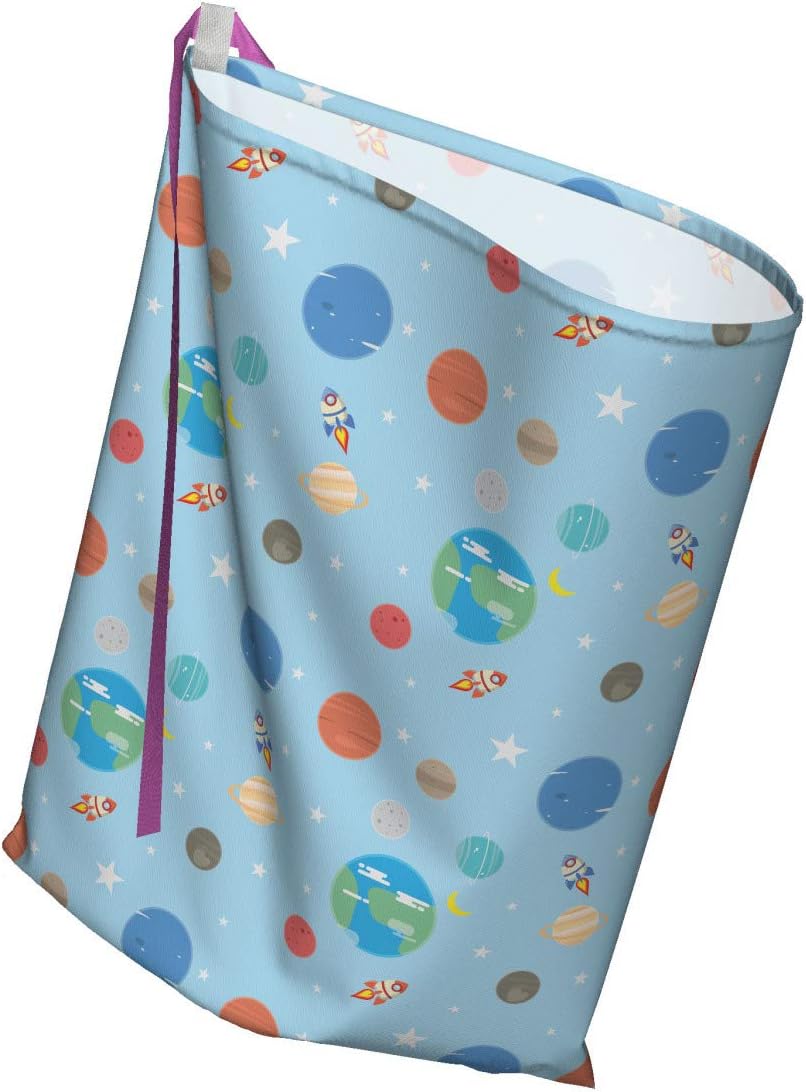 Ambesonne Space Gift Bag, Illustration of Colorful Space Elements Planets Cosmic Galactic Theme, Reusable Fabric Party Favor Pouch with 3 Ribbons, 27" X 32", Blue