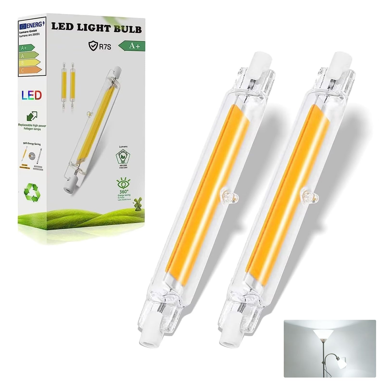 Dvnoua R7S LED 118mm Dimmbar (20W LED 118mm Ersatz 200W Halogen), R7S Glühbirne Kaltweiß 6000K 2000 Lumen, Kein Flackern 360°Abstrahlwinkel, für Zuhause/Außenbeleuchtung, 2PCS