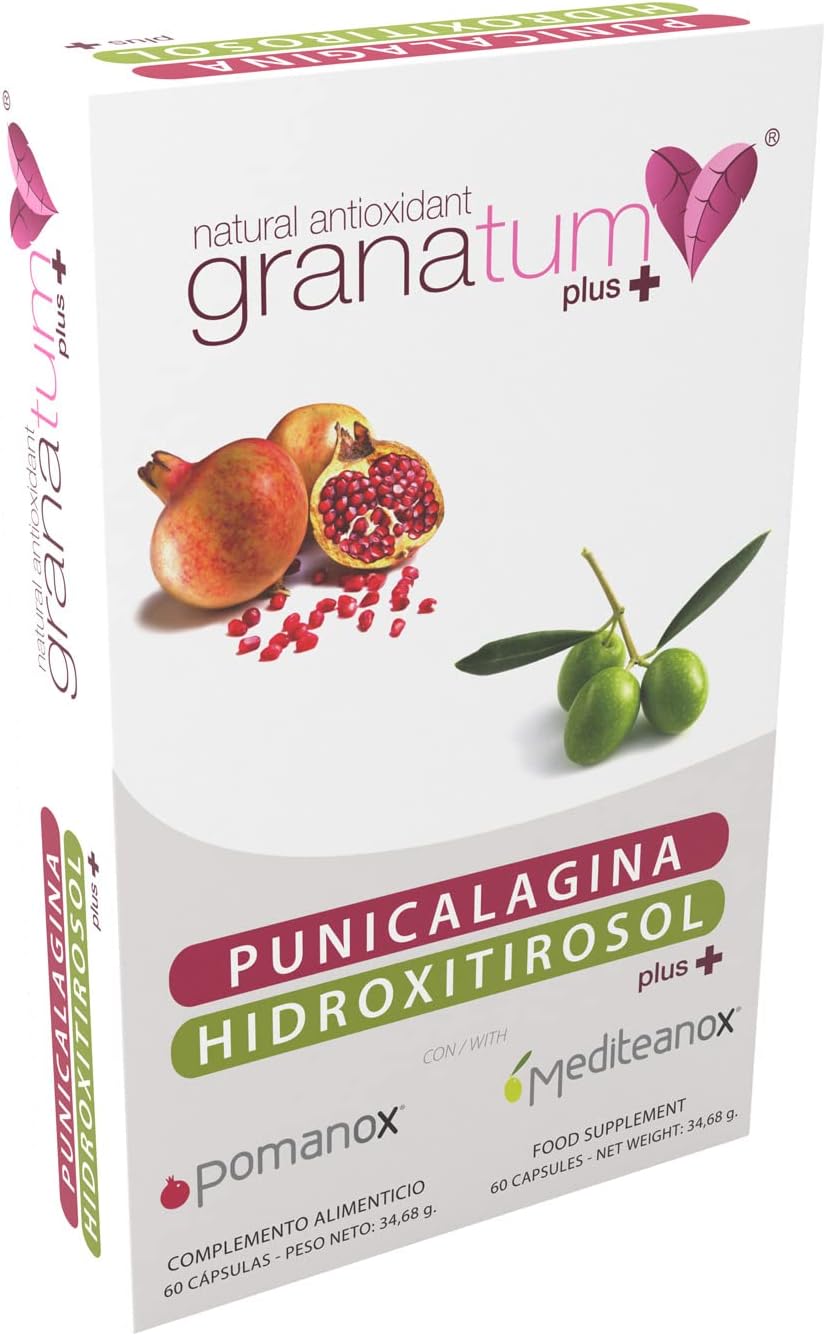 Granatum Plus - Punicalagin and Hydroxytyrosol - Pomegranate and Extra Virgin Olive Oil Extract - Antioxidant and Anti-inflammatory - Skin Care - Produced in Spain - 1 Box 60 Capsules