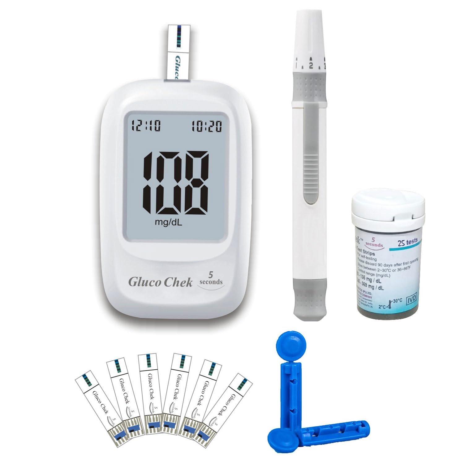 Aspen Gluco Chek 5 Seconds Glucometer Blood Glucose Sugar Testing Machine With Vial Of 25 Strips, 10 Lancets And A Lancing Device For Accurate Blood Sugar Testing At Home, White