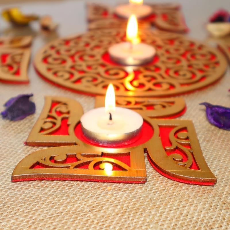 MDF Wood Readymade Rangoli Set with Tealights | Tea Light Candle for Diwali | Diwali Decoration Items for Home Decor Best Festive Diwali Corporate Gift Item (Swastik Shape)