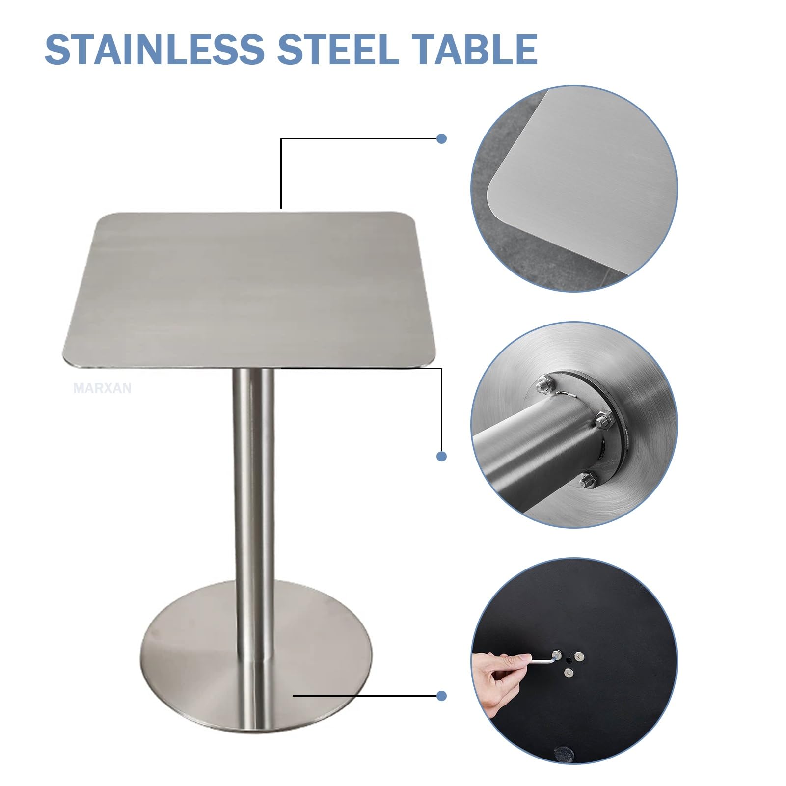 MARXAN Table de Bar à Cocktail en Acier Inoxydable, Plateau de 50 cm/60 cm, Table Basse carrée pour Salon, Salle à Manger, Bout de canapé, Cuisine, Petit-déjeuner, Salle à Manger(60x60x75cm)