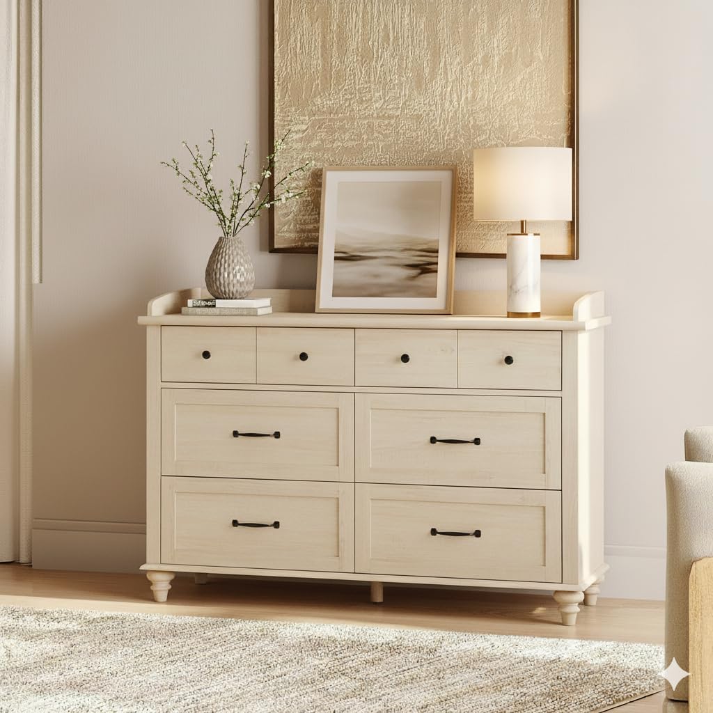 WAMPAT Beige Dresser for Bedroom with 6 Drawers, Farmhouse Kids Dressers with Wide Chest of Drawers, Light Wood Closet Storage Organizer, Baby Dresser for Living Room, Nursery