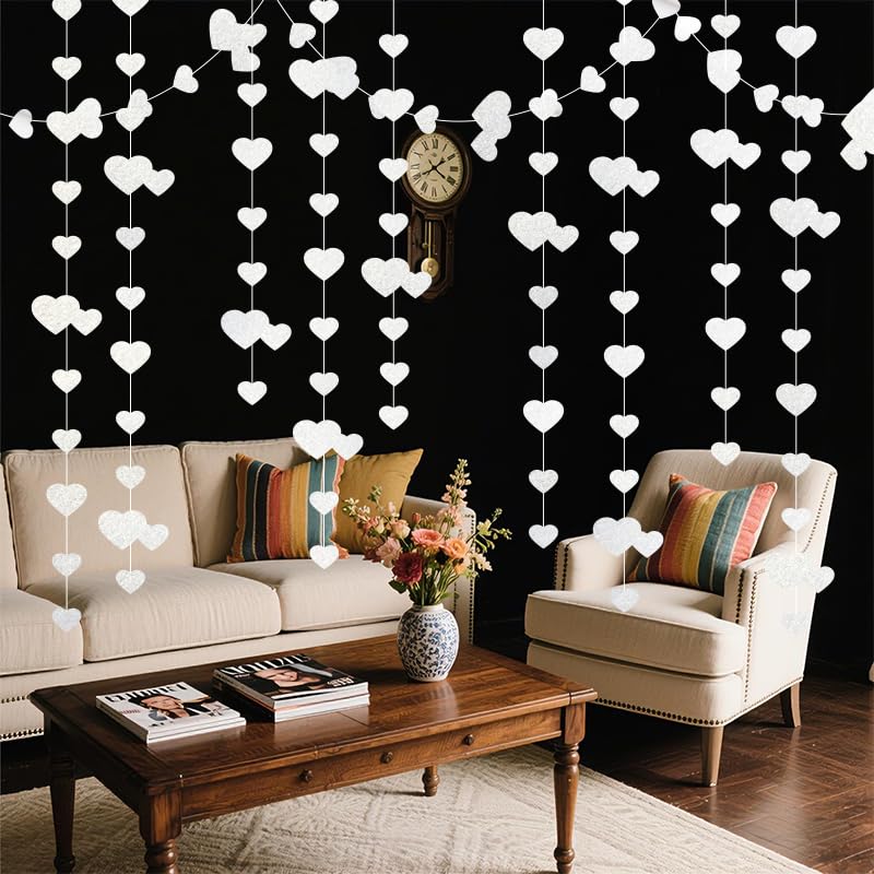 Image of White Hanging Heart Garland Sparkling Love Streamer Glitter Bunting Banner Twinkle Heart Backdrop for Wedding Engagement Valentines Galentines Birthday Party Decor 40 Feet