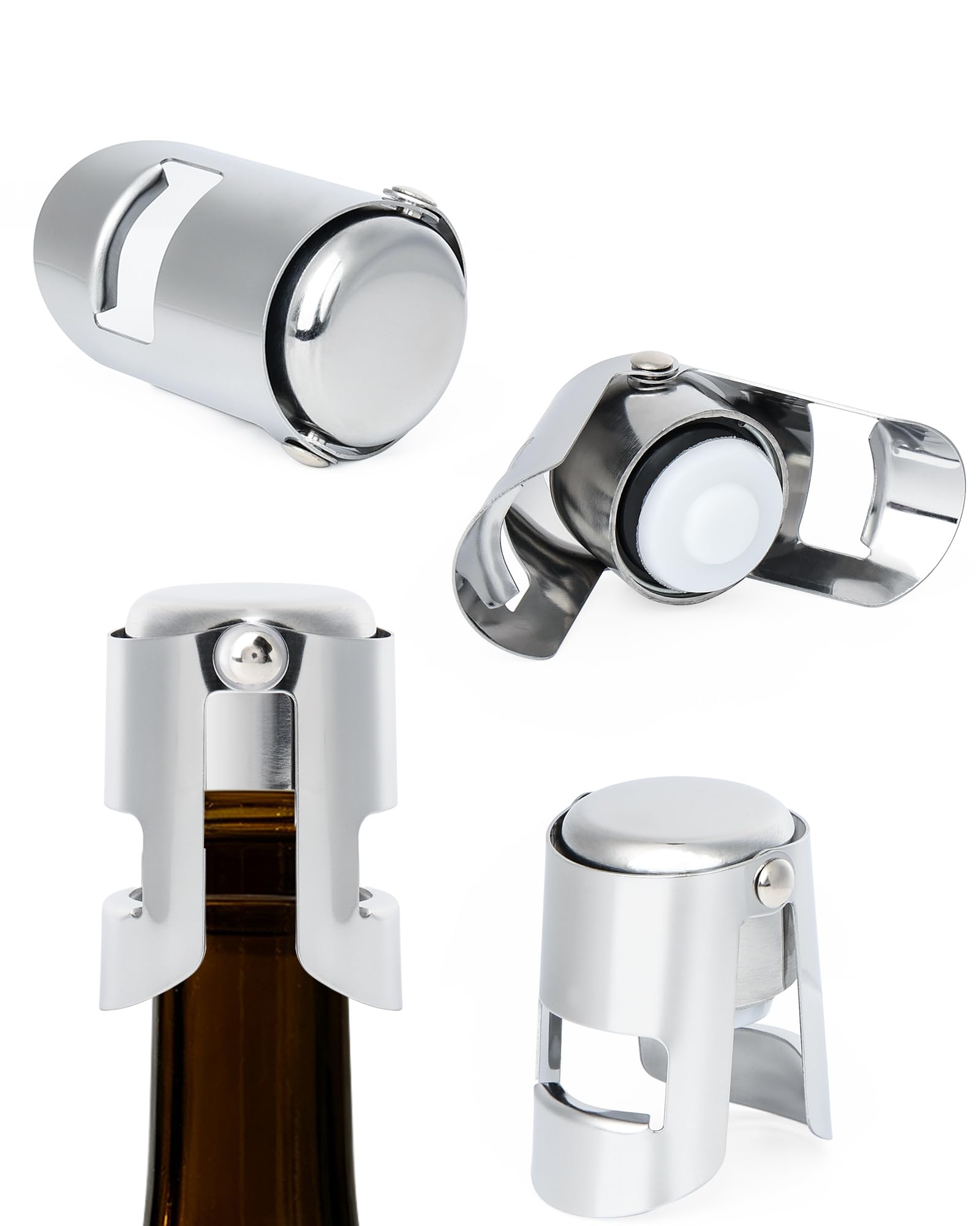 Acual 4 Pieces Champagne Stopper, Stainless Steel Bottle Stoppers for Prosecco and Wine - Champagne Stainless Steel Prosecco Bottle Stopper, Durable and Leak Proof Airtight Seal for Sparkling Wine
