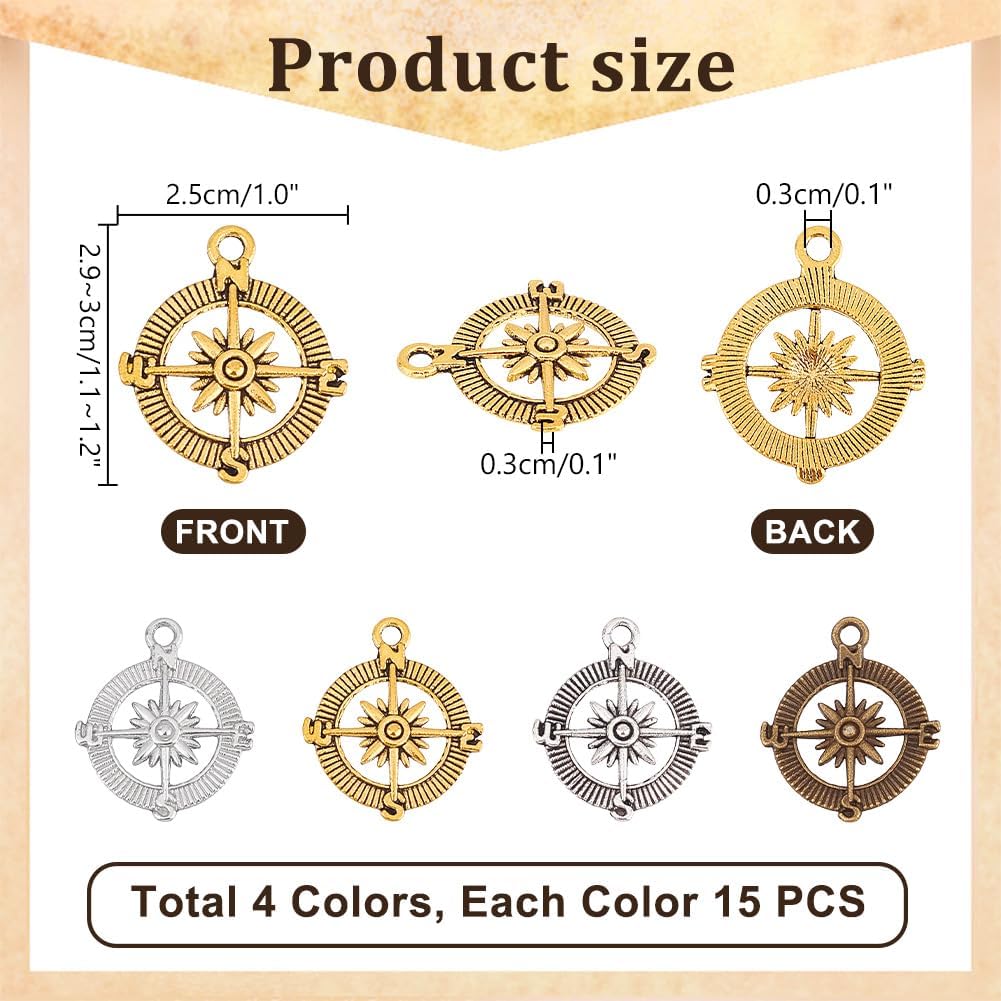 PH PandaHall 60 pcs 4 Colors 1 Inch Tibetan Style Compass Shape Alloy Pendants Charm Spacer Beads for Bracelet Necklace Jewelry DIY Craft Making, Mixed Colors - Image 2