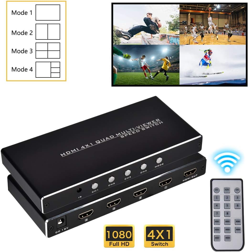 HDMI 4x1 Quad MultiViewer, 4 in 1 Out HDMI Seamless Switch, 1080P@60Hz, 4 Switching Modes, IR Remote Control, for Game Studio, Exhibition Hall, Education, Surveillance, Video Meeting etc.