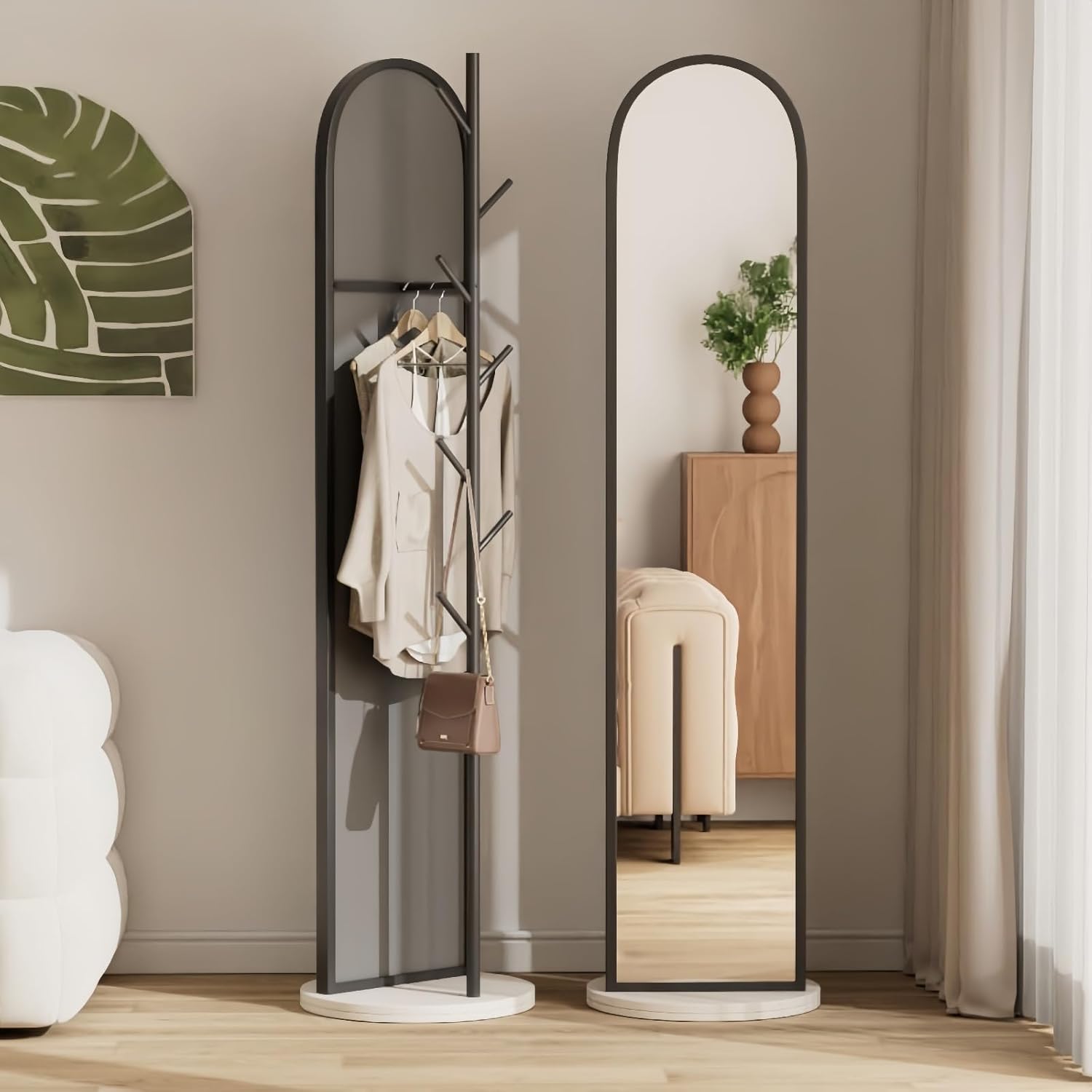 YAKINO全身鏡 、 スタンドミラー 、コートラック、HD鏡面、 360回転、収納付ミラー、 洋服収納 、割れない 、省スペース、