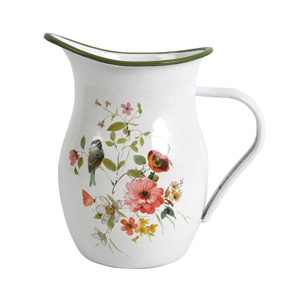Enamel Pitcher with Wide Handle Vintage Metal Farmhouse