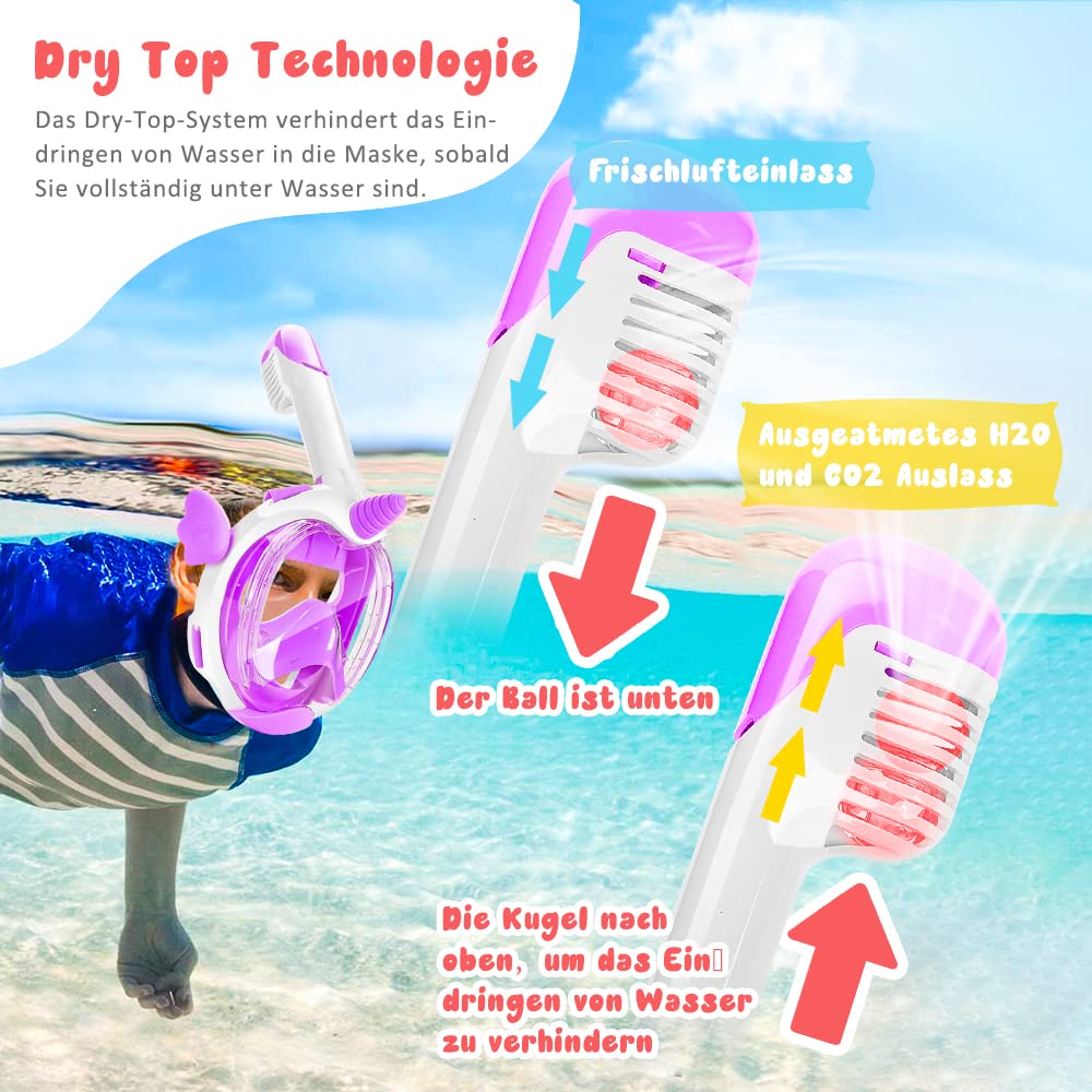 Máscara de esnórquel de unicornio para niños de 4 a 12 años, 180° HD, antivaho y antifugas, gafas de buceo para niños con esnórquel, máscara de esnorquel segura de CO2 (morado)
