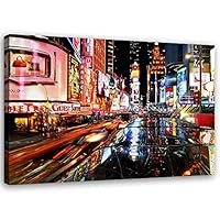 Feeby Schilderij op Vlies Canvas XXL 120x80 cm Skyline Manhattan New York Muurschildering Kunstfoto'S Slaapkamer Deco Woonkamer Rivier Wolkenkrabbers Nacht Stad Blauw